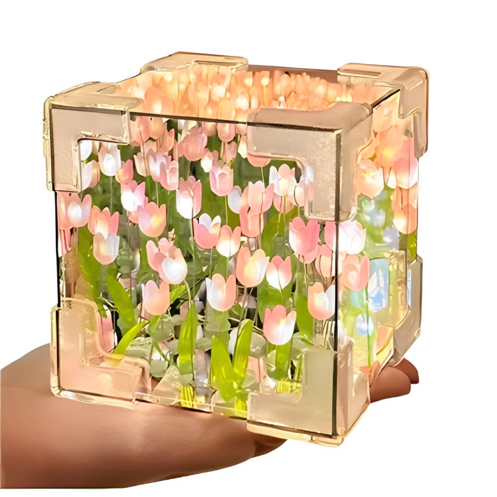 CUBO SORPRESA DE TULIPANES CON LUZ